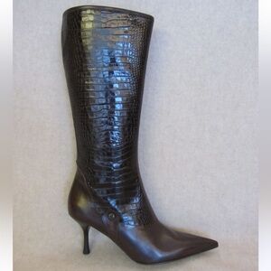 Caligarius Women's Aquila Chic Croc-Embossed Dark Brown Pointy Toe Heels Boots 9